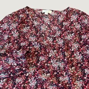 Loft Women MP Blouse Pink Purple Floral Ditsy Faux Wrap V-Neck Long Sleeve Top
